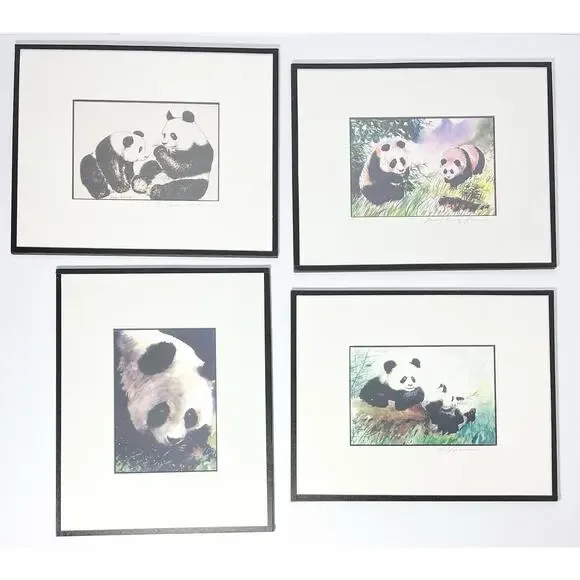 Dong Liang Yuan Set of 4 Framed & Matted Small Signed “Panda” Prints 10”X8”
